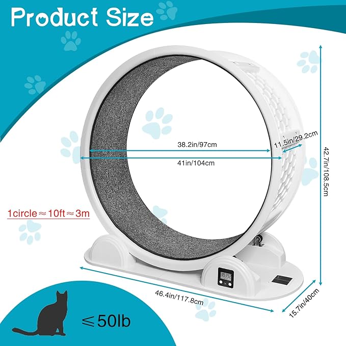Large Cat Exercise Wheel with Pedometer, 10 Minutes Fast Installation, 41” Cat Wheel with Carpeted Runway Cat Treadmill Cat Running Wheel with Silent Roller for Kitty's Fitness Weight Indoor