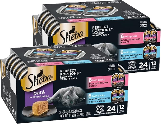 SHEBA PERFECT PORTIONS Cuts in Gravy Adult Wet Cat Food Tray, Delicate Salmon and Tender Whitefish & Tuna Entrée, Twin-Pack - 12 Count (Pack of 2)