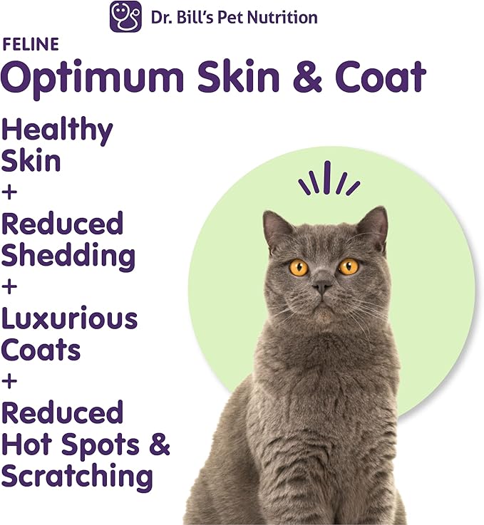 Dr. Bill’s Feline Optimum Skin & Coat – Fish Oil Omega-3 Fatty Acids for Cats Healthy Fur | Reduce Shedding and Hairballs with Biotin, Type I & III Marine Collagen, Hyaluronic Acid, & Folic Acid