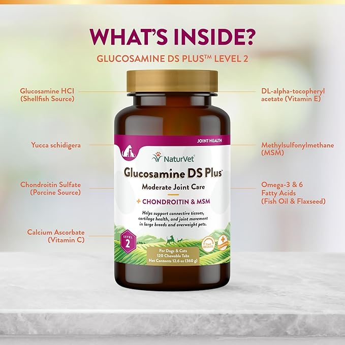 NaturVet Glucosamine DS Plus Level 2 Moderate Care Joint Support Supplement for Dogs and Cats, Chewable Tablets Time Release, Made in The USA, 120 Count