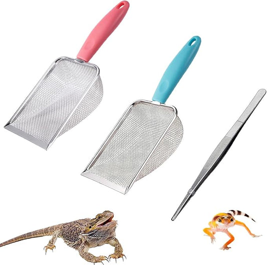 Reptile Sand Substrate Scoop Reptile Sand Fine Mesh Reptile Scooper Stainless Steel Terrarium Substrate Sand Bedding Litter Cleaner Scoop and Reptile Long Feeding Tongs Set (Pink 1mm & 2.8mm)