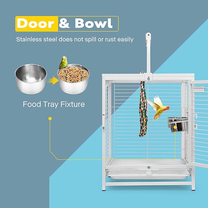 VIVOHOME 19 Inch Wrought Iron Bird Travel Carrier Cage for Parrots Conures Lovebird Cockatiel Parakeets White