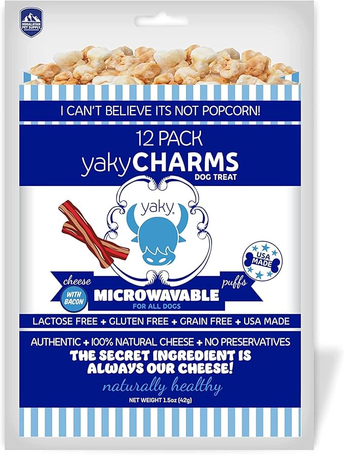 Himalayan Dog Chew YakyCharms Bacon Popcorn Dog Treats | Dog Training, Treats for Dogs, 100% Yak Cheese | Microwavable, Gluten, Grain, Lactose Free, USA Made | 12 Pack, White