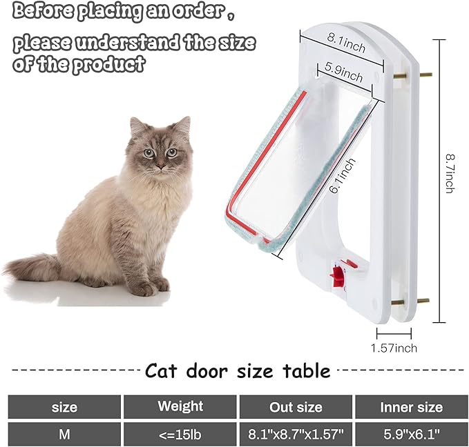 Pet Door for Cats and Dog, Cat Flap Door for Interior Exterior Cat Door Weatherproof Pet Door 4-Way Rotary Lock Pet Door with Cat Flap for Cats Doggie Kittens, 8 x 8.6 Inches