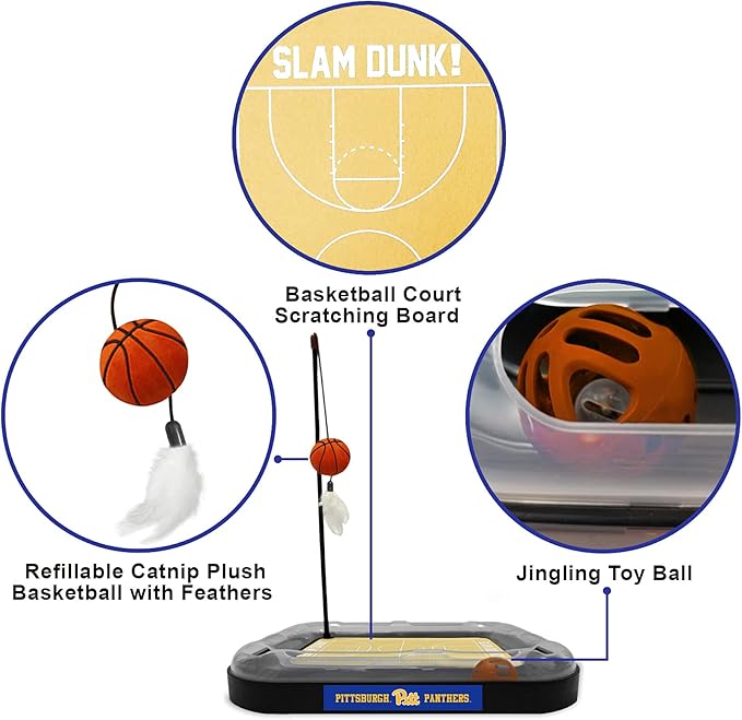 Cat Scratch Toy NCAA PITTSBURGH Panthers REVERSIBLE Basketball Court Felt/Cardboard Cat Scratcher Toy. Interactive Cat Ball Bell in Tracks. 6-in-1 CAT TOY: Cat Wand Poll CATNIP-FILLED Plush Basketball