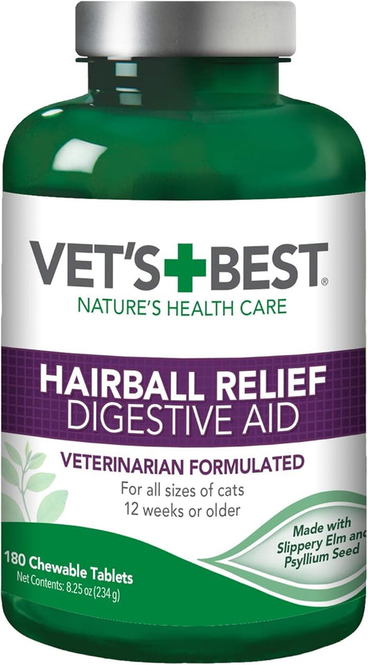 Vet’s Best Cat Hairball Relief Digestive Aid – Vet Formulated Hairball Support Remedy – Classic Chicken Flavor – 180 Chewable Tablets