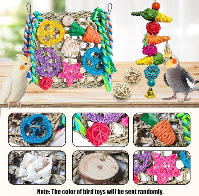 4 Pcs Parrot Toys, Foraging Shredding Seagrass Wall for Birds, Seagrass Woven Climbing Hammock Mat with Colorful Chewing Toys for Lovebirds, Parakeets, Budgerigars, Conure, Cockatiel