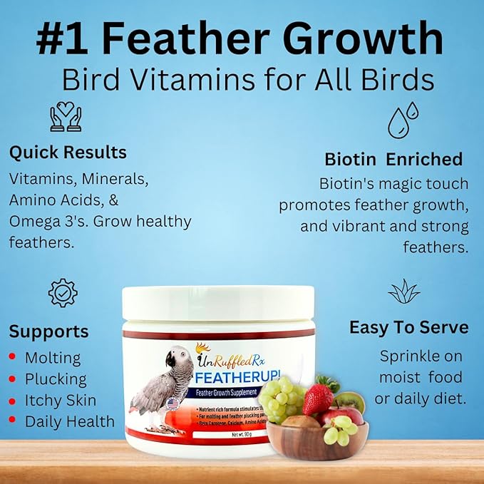 FeatherUp! Bird Vitamins with Biotin for Beautiful Plumage - Feather Growth Supplements for Parrots - 90 gm - 240 Servings