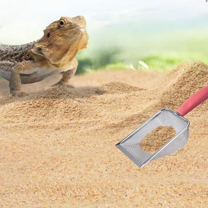 Reptile Sand Substrate Scoop Reptile Sand Fine Mesh Reptile Scooper Stainless Steel Terrarium Substrate Sand Bedding Litter Cleaner Scoop and Reptile Long Feeding Tongs Set (Pink 1mm & 2.8mm)