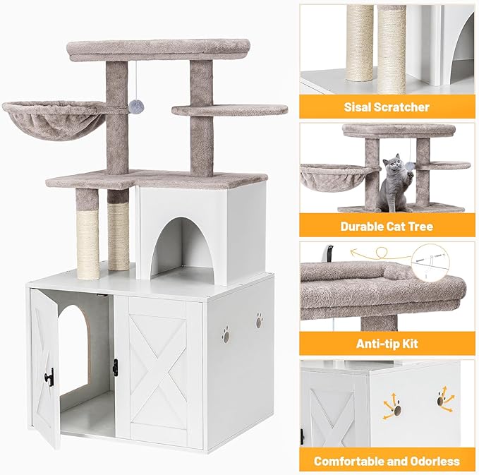 Snughome Cat Litter Box Enclosure with Cat Tree Tower and Condo, Hidden Cat Washroom Furniture with Sisal Scratching Post and Soft Plush Perch, Wooden Cat Furniture with Multiple Platforms, White