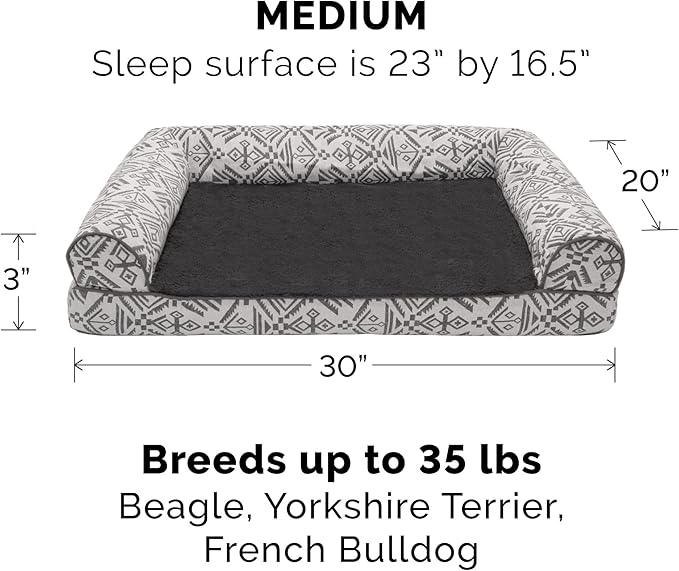 Furhaven Orthopedic Dog Bed for Medium/Small Dogs w/ Removable Bolsters & Washable Cover, For Dogs Up to 35 lbs - Plush & Southwest Kilim Woven Decor Sofa - Boulder Gray, Medium