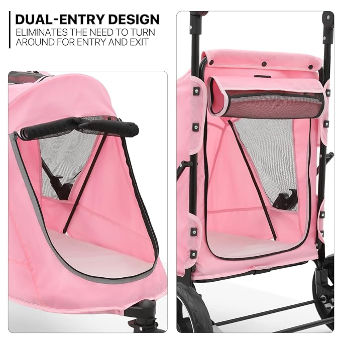 MoNiBloom Pet Stroller for Large Dogs or Multiple Dogs Cats with Adjustable Handle, 3-Wheels Dual Entry Portable Dog Carting Easy Folding Pet Wagon Double Dog Stroller up to 55 lbs, Pink