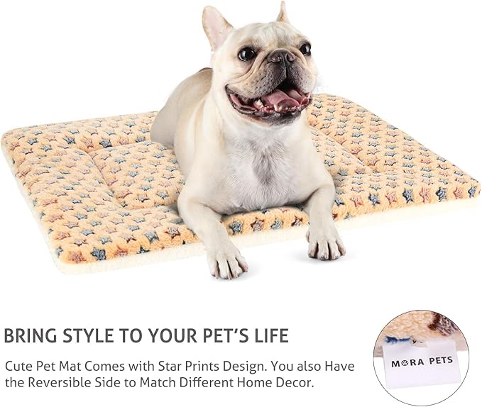 Mora Pets Dog Bed Crate Pad Ultra Soft Pet Bed with Cute Star Print Washable Crate Mat for Large Medium Small Dogs Reversible Fleece Dog Crate Kennel Mat Cat Bed Liner 29 x 21 inch Brown