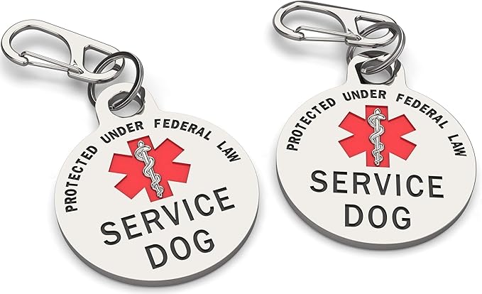 Service Dog Tag Double Sided Federal Protection with Red Medical Alert Symbol Pet ID Tags 1.25 inch. Easily attach to Collar Harness Vest Dog Service Tag