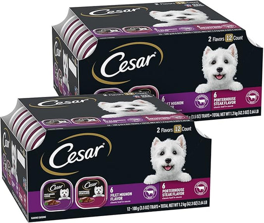 CESAR Adult Wet Dog Food Classic Loaf in Sauce Filet Mignon and Porterhouse Steak Flavors Variety Pack, 3.5 oz. Easy Peel Trays, (Pack of 24)