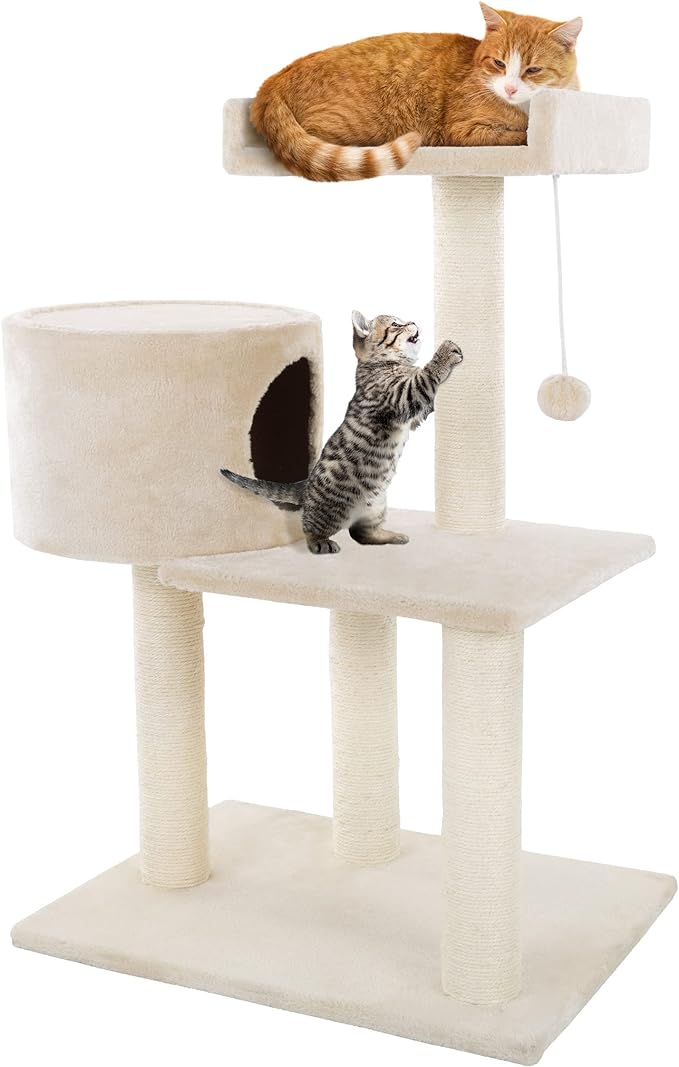 3-Tier Cat Tower - 2 Napping Perches, Cat Condo, 4 Sisal Rope Scratching Posts, Hanging Toy – Cat Tree for Indoor Cats and by PETMAKER (Beige)