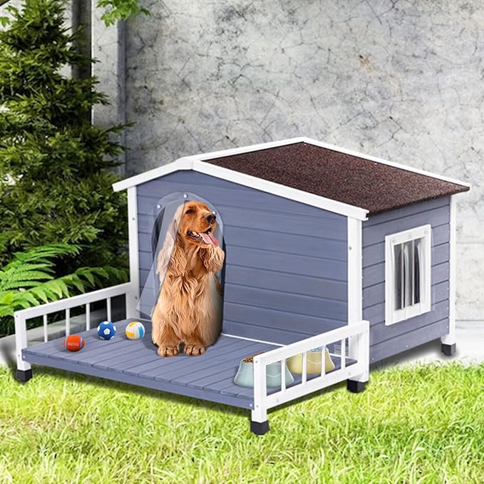 Petsfit Dog House Outdoor with Terrace & Openable Asphalt Roof, 40" L x 47" W x 28.5" H, Outside Dog House with Elevated Floor, Dog House for Small Medium Dogs