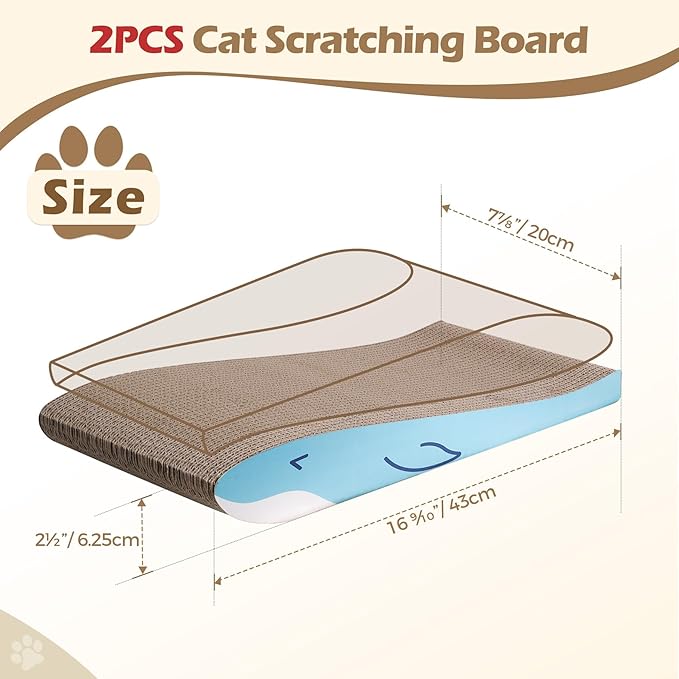 ComSaf Cat Scratching Board 2 Pack, Cat Scratcher Cardboard, Curved Cat Scratcher, Cute Cat Scratch Pad for Kitty, Recycle Cardboard Cat Scratcher, Double-Sided Pad for Long Lasting Use (Blue Whale)