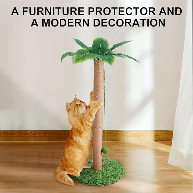 Odoland Cat Scratching Post - Indoor 33 inch Palm Tree Sisal Scratch Posts with Dangling Balls for Kitten and Large Cat - Vertical Scratcher Cute Cat Scratching Post Fun Cat Toy Green