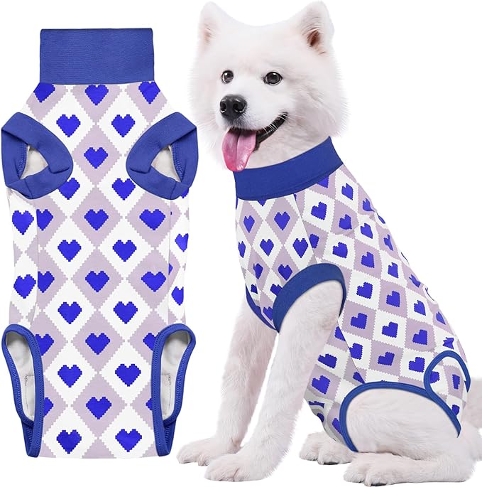 Recovery Suit for Dogs, Dog Recovery Suit Male Female Post Spay, Neuter, Abdominal Surgery Recovery Suit with an Inner Layer Pocket, Prevent Licking Soft Breathable Cotton, Blue, Large+