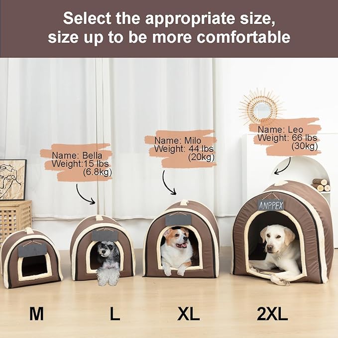 ANPPEX Dog House Indoor,2 in 1 Washable Covered Dog Bed,Insulated Cozy Dog Igloo Cave,2XL Size for Large Dogs,Brown