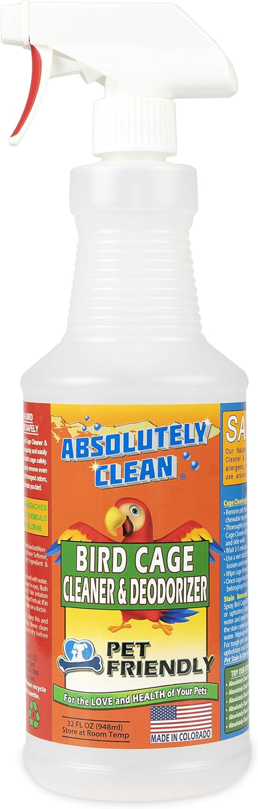 Amazing Bird Cage Cleaner and Deodorizer - Just Spray/Wipe - Safely & Easily Removes Bird Messes Quickly and Easily - Made in The US (32oz Spray Bottle)