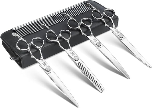 JASON Dog Grooming Scissors Kit, Professional 6 in 1 Dog Scissors Set - 6.5" Thinning, 7" Straight, 7" Up-Curved, 7" Down-curved Shears and Comb for Dog Cat Pet (Silver)