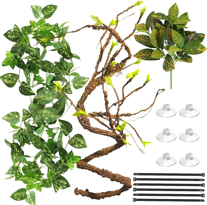 Reptile Terrarium Decor Plants, Hanging Vines, Fake Plants for Reptile Enclosure, Ideal for Chameleon Bearded Dragon Lizard Gecko Tank Accessories (Large Reptile Branch Vine and Plants)