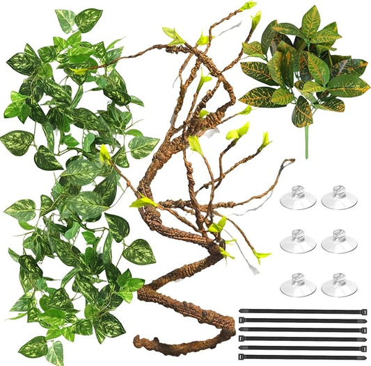 Reptile Terrarium Decor Plants, Hanging Vines, Fake Plants for Reptile Enclosure, Ideal for Chameleon Bearded Dragon Lizard Gecko Tank Accessories (Large Reptile Branch Vine and Plants)