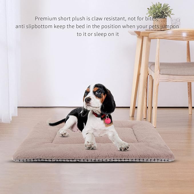 Reversible Dog Bed Mat with Plush and Corn Velvet,Soft Warm Pet Cushion, Dual Purpose Washable Sleeping Mattress Bed for Small Medium Large Dog and Cat XB004 (30"x20", Khaki)