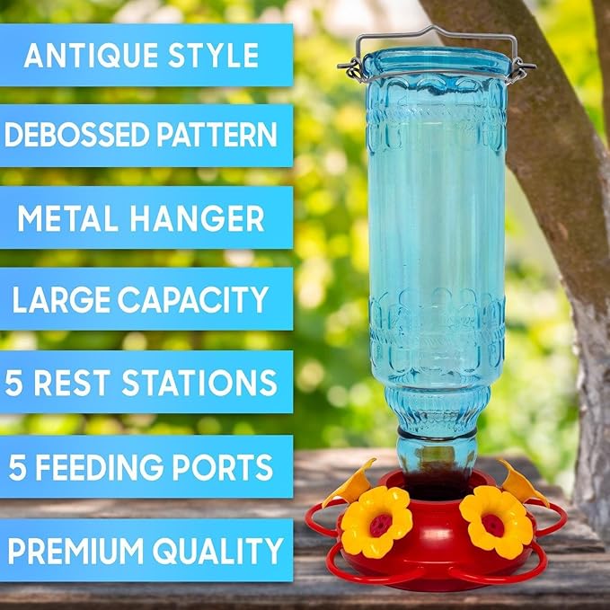 Superior Effect Hummingbird Feeder for Outdoors Patio Wild Bird Feeder with 5 Feeding Ports for Birds Antique Glass Feeder Garden Backyard Decorative, Blue Color Easy Setup Bird Feeder