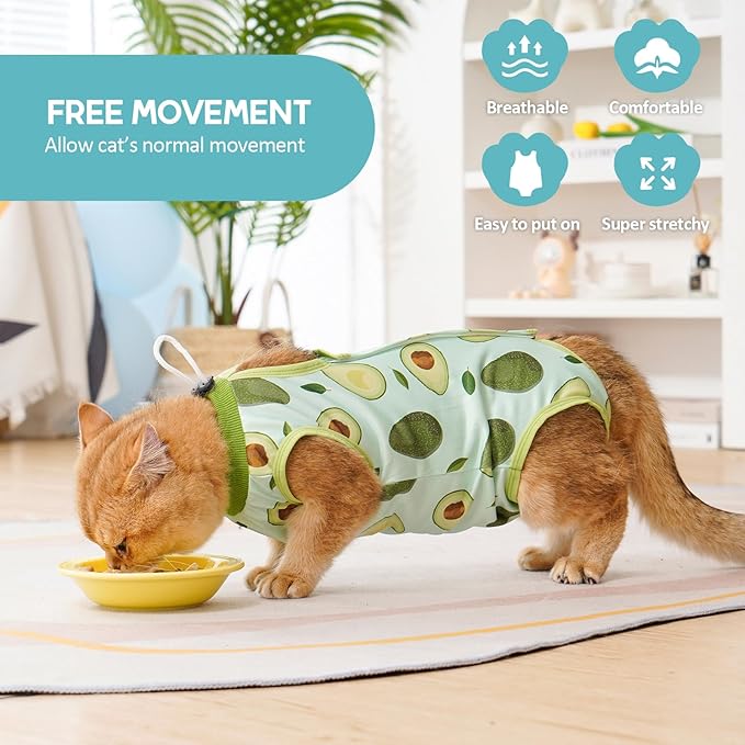 Avont Cat Recovery Suit, Cat Onesie for Cats After Spay Surgery Healing, Cat E-Collar Cone Alternative for Surgical Recovery Skin Diseases -Avocado(S)