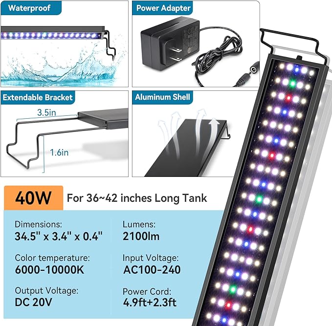 hygger Aquarium LED Light Fish Tank Full Spectrum Lighting with 24/7 Day-Night Cycle Mode & Auto On/Off Timer, 7 Colors Options, Dimmable, Extendable Bracket for 36~42in Freshwater Tank Plant Lights
