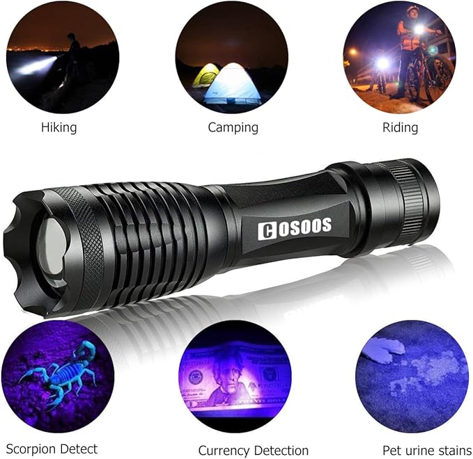 COSOOS 2 Pack UV Flashlight Blacklight, 2 in 1 LED Tactical Flashlight & 395nm Black Light Pet Urine Detector for Dog/Cat Urine, Dry Stains, Bed Bugs, Scorpions