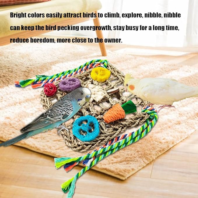 Parrot Toys, 2 Pcs Foraging Shredding Seagrass Wall for Birds, Seagrass Woven Climbing Hammock Mat with Colorful Chewing Toys for Lovebirds, Parakeets, Budgerigars, Conure, Cockatiel