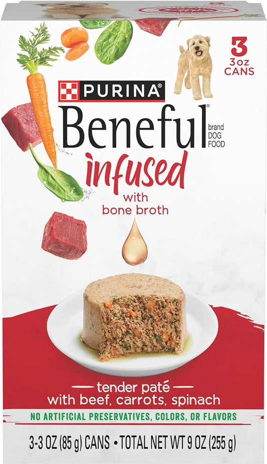 Beneful Purina Infused Wet Dog Food Pate, with Real Beef, Carrots and Spinach, with Bone Broth for Dogs - (8 Packs of 3) 3 oz. Sleeves