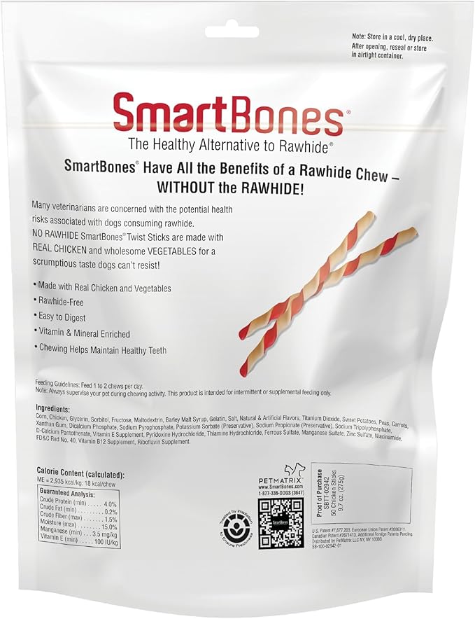 SmartBones Smart Twist Sticks, Rawhide Free Dog Chew Sticks, Made With Real Chicken, 50 Sticks (Pack of 24)