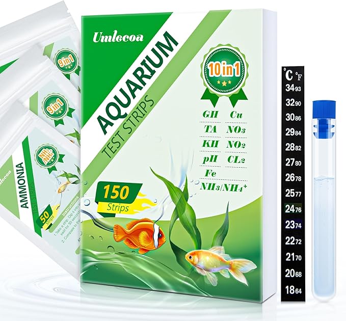 10 in 1 Aquarium Ammonia Test Kit - Ammonia Fish Tank Test Strips - 150 Aquarium Test Strips with Test Tube & Thermometer - Fast Testing Ammonia and 9 More for Aquarium/Pond/Pool