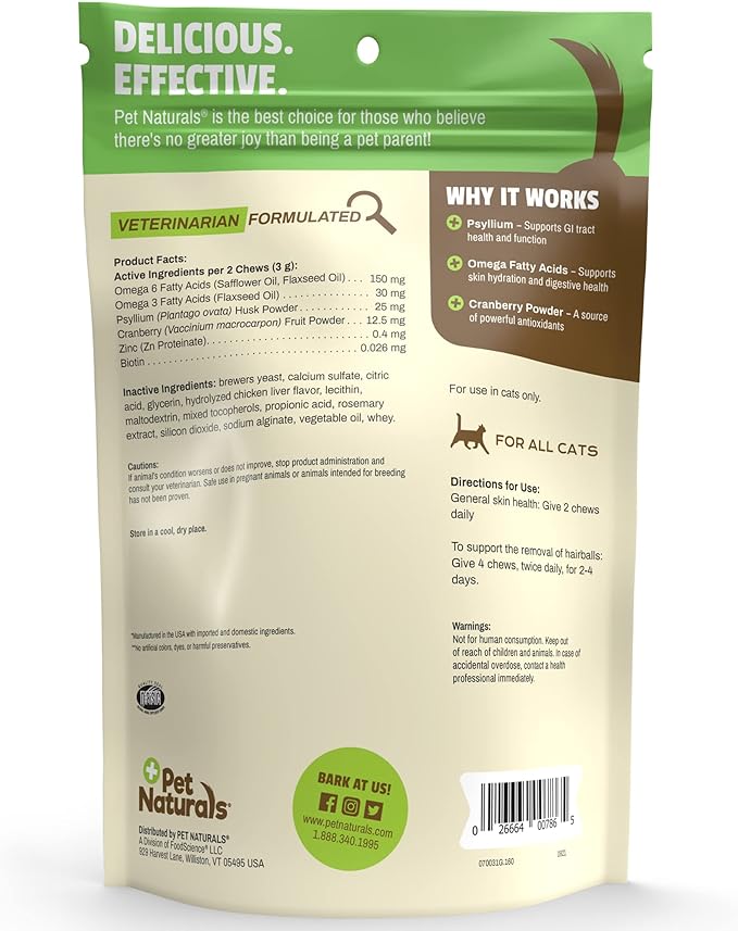 Pet Naturals Hairball for Cats with Omega 3, Chicken Flavor, 160 Chews - Can Help Eliminate Hairballs and Manage Excess Shedding - No Corn or Wheat