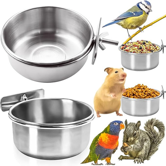 MotBach 2 Pack Stainless Steel Bird Feeding Dish Cups, Bird Feeder Parrot Food Water Bowls with Clamp, Pet Cage Cups Holder for Bird Parrot Cockatiel Conure Budgies Parakeet Small Animal