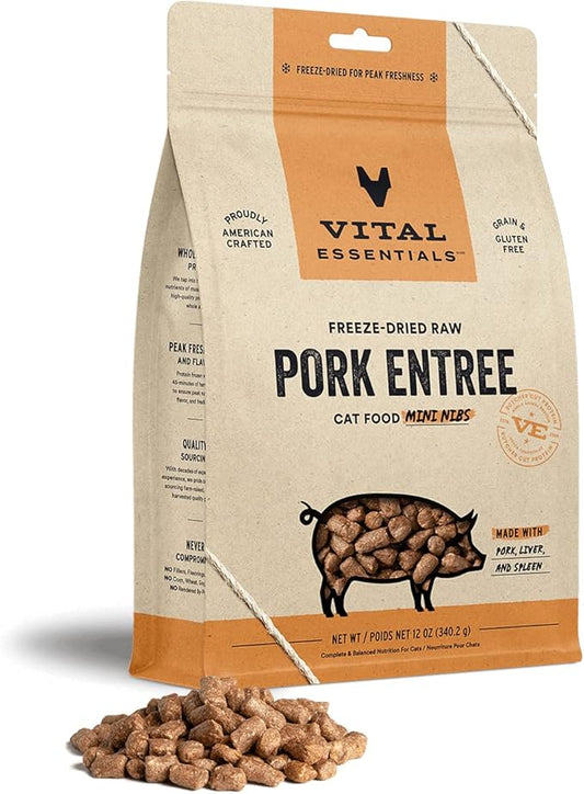 Vital Essentials Freeze Dried Raw Cat Food, Pork Mini Nibs Entree, 12 oz