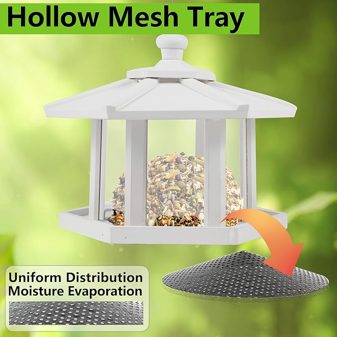 White Hexagon Shaped Wild Bird Feeder for Outside, Hollow Mesh Tray, Large Capacity, Easy to Clean & Fill， for Garden Decor Yard and Bird Watchers