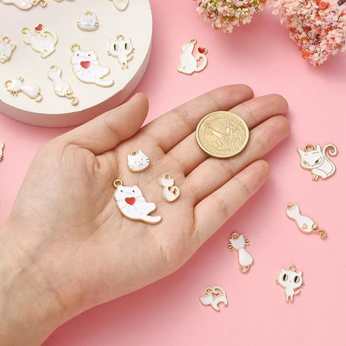 KitBeads 50pcs Enamel White Cat Charms Mixed Styles Cute Animal Charms Cartoon Kitten Charms for Jewelry Making Bracelets Bulk