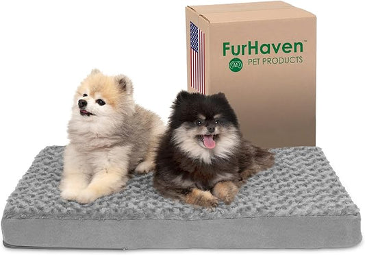 Furhaven Cooling Gel Dog Bed for Medium/Small Dogs w/ Removable Washable Cover, For Dogs Up to 35 lbs - Ultra Plush Faux Fur & Suede Mattress - Gray, Medium