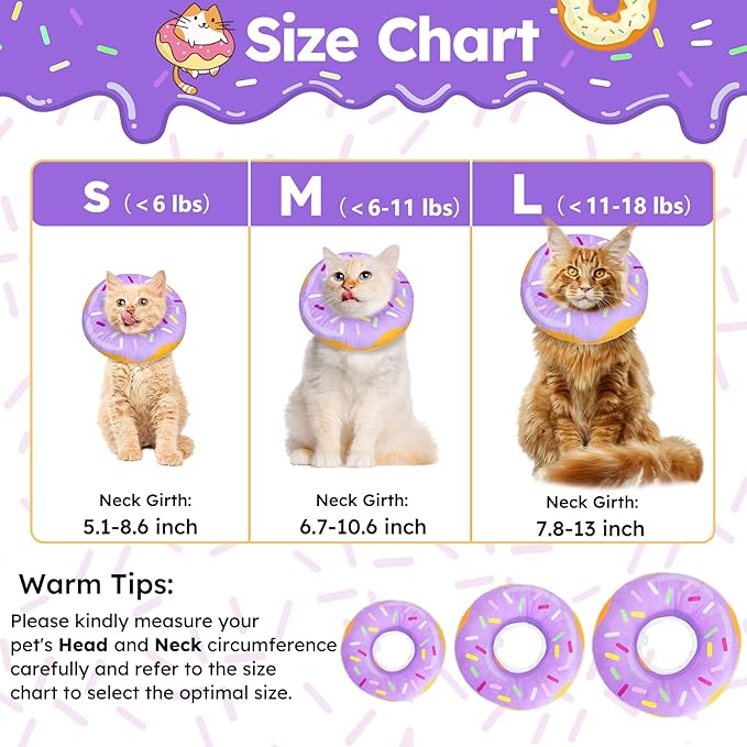Cat Cone Collar Soft, Cat Recovery Collar for Wound Healing Cute Cat Donut Adjustable Cat Cones to Stop Licking Comfortable Lightweight Neck Elizabethan Collars for Cats Kittens After Surgery