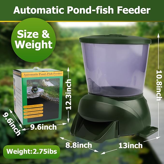 Pond Automatic Fish Feeder(4.5L),Large Pond Fish Feeder Automatic Dispenser Outdoor, Battery-Powered Timed and Quantitative,Suitable for Breeder to Use During Travel Or Poor Quality Weather.