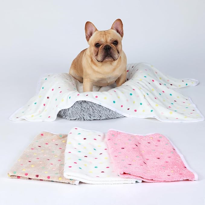 1 Pack 3 Blankets Super Soft Cute Dot Pattern Pet Blanket Flannel Throw for Dog Puppy Cat Beige/Brown/Pink Medium