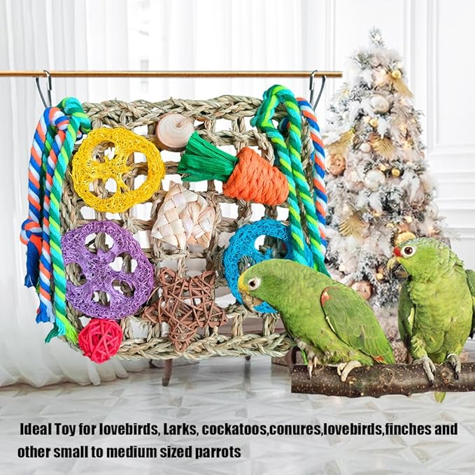 Parrot Toys, Bird Foraging Toys for Parakeets, Woven Climbing Hammock with Colorful Chewing Toys Seagrass Mat for Lovebirds, Parakeets, Budgerigars, Conure, Cockatiel