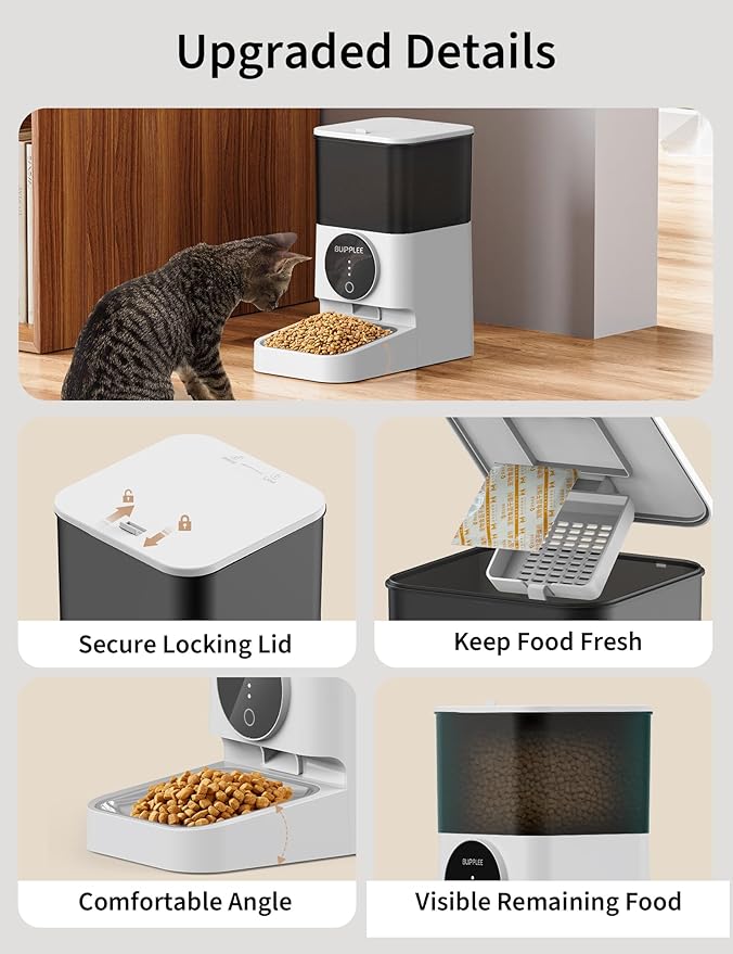 Automatic Cat Feeder, 4L Large Capacity Auto Pet Feeder Dry Food Dispenser for Pet Timed Dog Food Feeder, Stainless Steel Food Bowl/Dual Power/Anti-Blockage Cat Dog Feeder Indoor Outdoor (White)