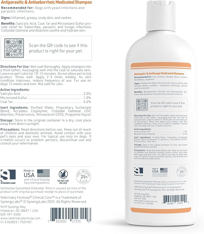 Veterinary Formula Clinical Care Antiseptic and Antifungal Medicated Shampoo for Dogs & Cats, 16 Fl Oz – Helps Alleviate Scaly, Greasy, red Skin – Paraben, Dye, Soap-Free (1 Pack)